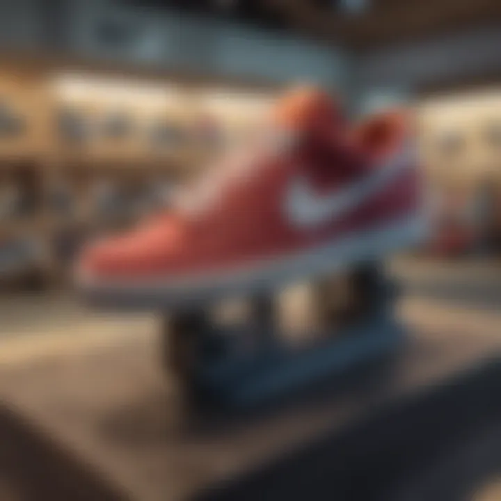 Close-up of Nike skateboarding shoes displayed in-store.