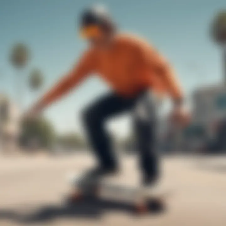 Skateboarder wearing Oakley Gascan Orange sunglasses during a trick