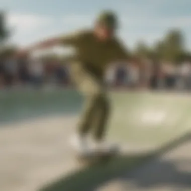 Group of skaters wearing olive green chinos at a skate park