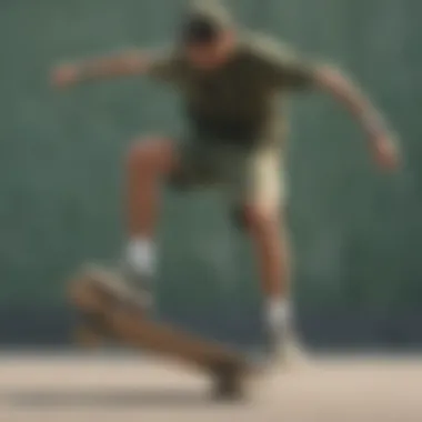 Skateboarder performing a trick while wearing olive green Nike shorts