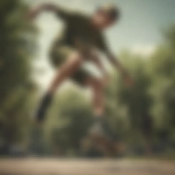 Skateboarder performing tricks in olive green Nike shorts