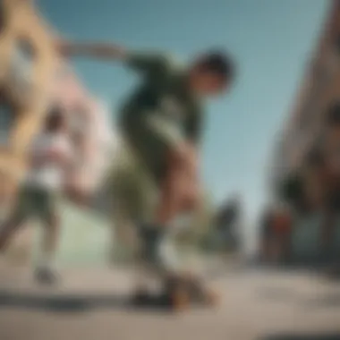 Group of skateboarders in a vibrant urban setting wearing different skatewear including olive green Nike shorts