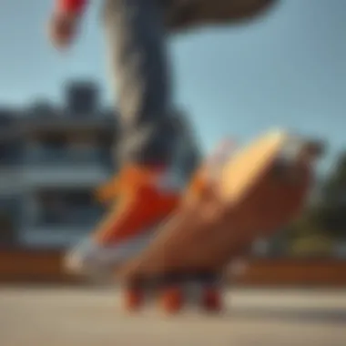 A skateboarder performing tricks while wearing orange low top Chuck Taylors