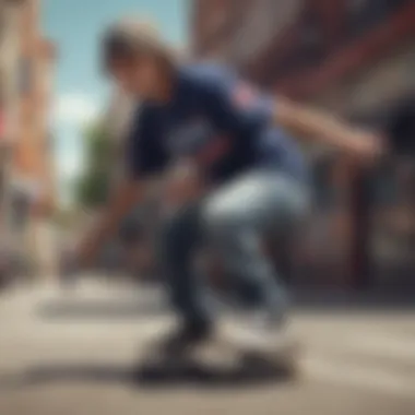 A skateboarder wearing a PBR shirt performing a trick in an urban environment.