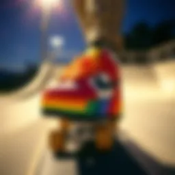 Vibrant platform rainbow shoes on a skateboarding ramp