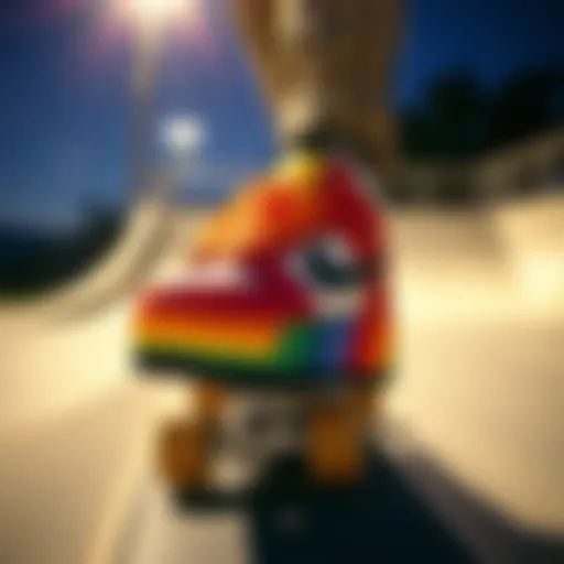 Vibrant platform rainbow shoes in action Vibrant platform rainbow shoes on a skateboarding ramp