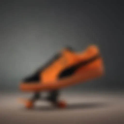 Puma Suede Black and Orange silhouette on a skateboard