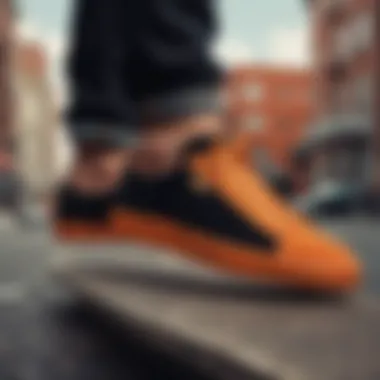 Stylish urban backdrop featuring Puma Suede Black and Orange