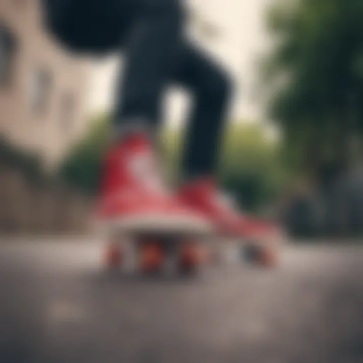 Skateboarder in action wearing red Vans shoes