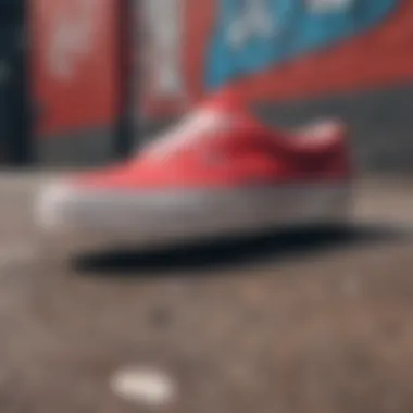 Vibrant red Vans sneakers against a graffiti backdrop