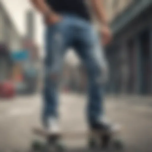 Stylish ripped jeans displayed on a skateboard