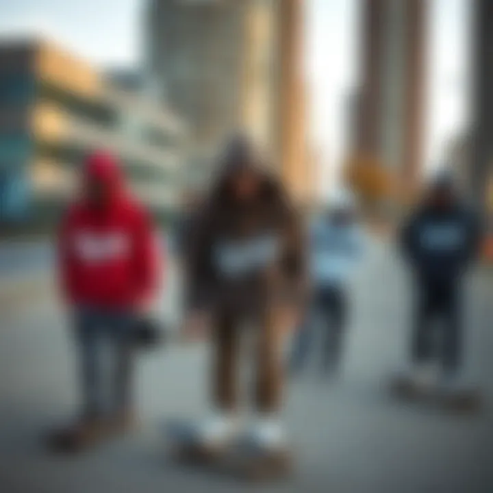 A group of skateboarders wearing Ripndip hoodies in an urban setting