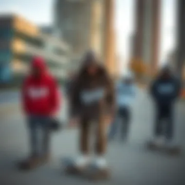 Skateboarders in Urban Environment with Ripndip Hoodies A group of skateboarders wearing Ripndip hoodies in an urban setting