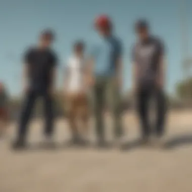 A group of skaters in Dickies pants at a skate park