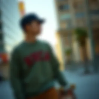 A skateboarder wearing the RVCA crewneck sweatshirt in an urban setting