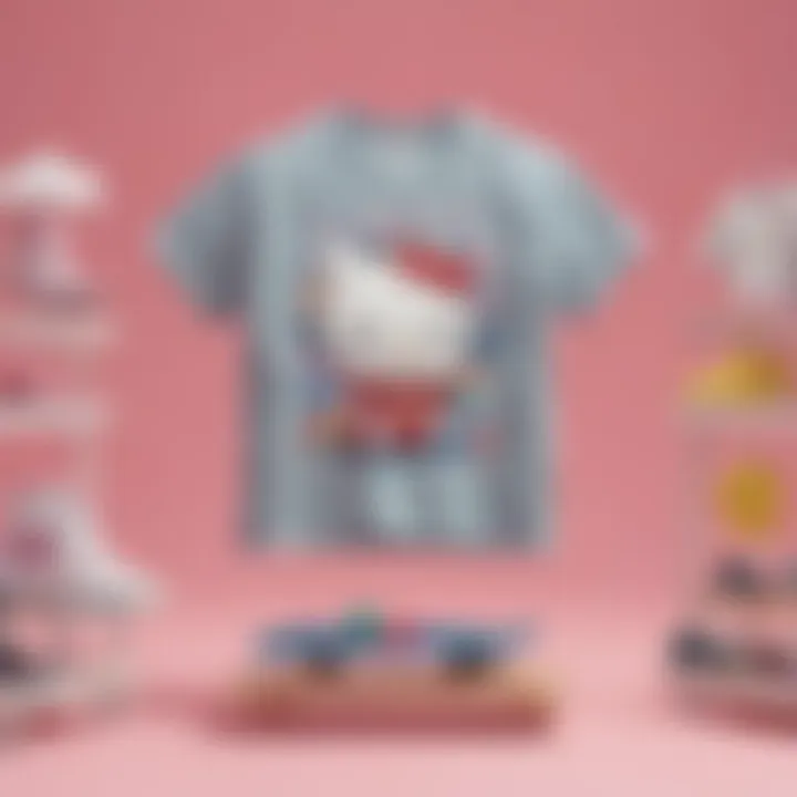 An artistic arrangement of various Sanrio graphic tees against a colorful background.