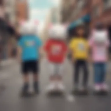 A group of skateboarders showcasing their Sanrio graphic tees in an urban setting.