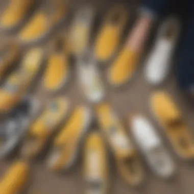 A colorful collage displaying various styles of slip-on Vans, emphasizing mustard yellow among the options