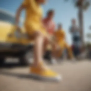 A group of skaters gathering, highlighting the vibrant mustard yellow slip-on Vans within their footwear choices