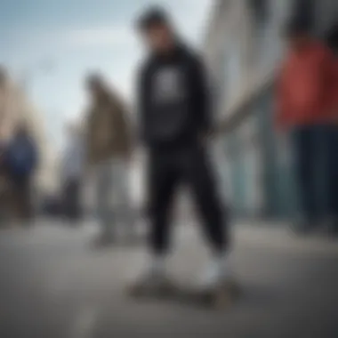 Group of skateboarders in urban setting wearing Adidas jogger sweat pants