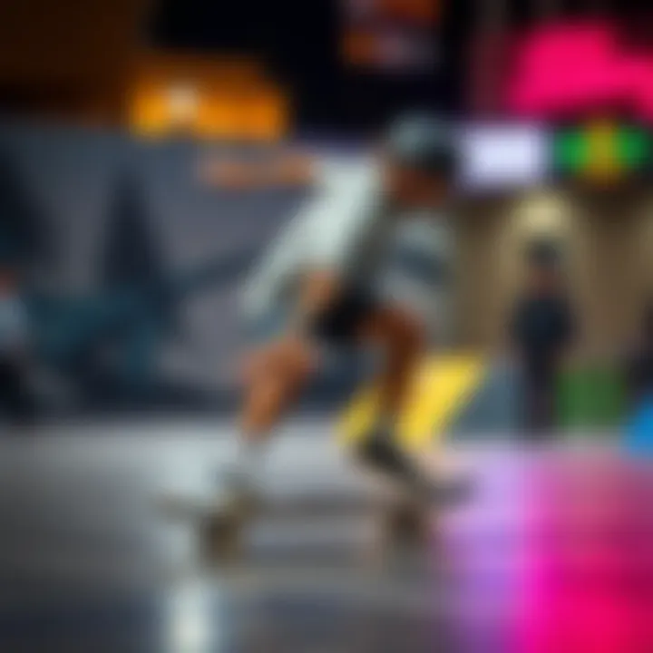 Skateboarding Tricks on Innovative Tiles Skateboarder performing tricks on skate anytime tiles