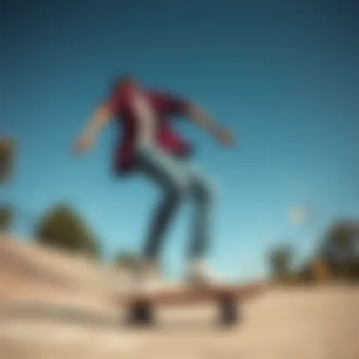 Stylish skinny tapered pants on a skateboarder in action