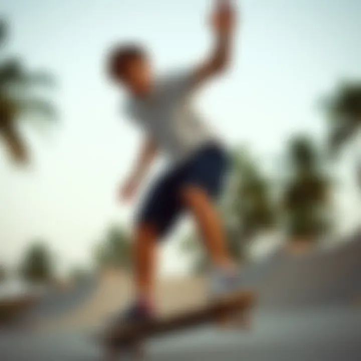 Active individual wearing Spalding shorts during a skateboarding session