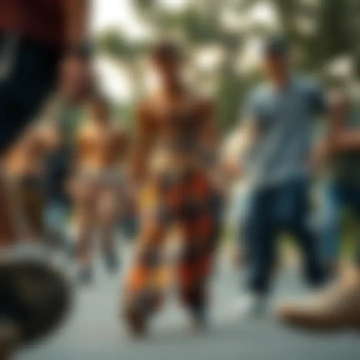 Group of skateboarders showcasing diverse styles with swishy pants