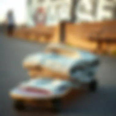 Fashionable display of swishy pants folded on a skateboard