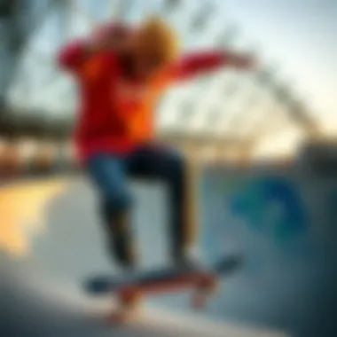 Skateboarder Performing a Trick A skateboarder wearing a coal beanie while performing a trick at a skatepark