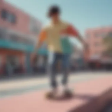 Skateboarder wearing a trendy color block pastel shirt