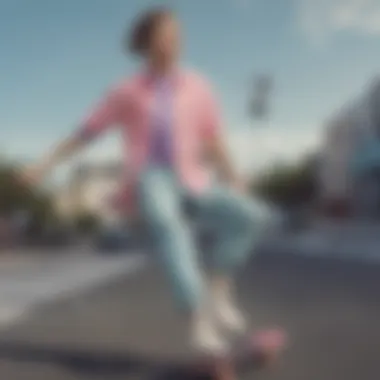 A stylishly arranged outfit featuring a color block pastel shirt