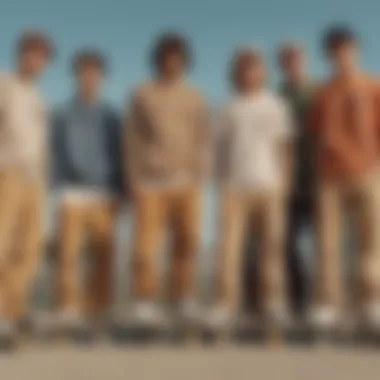 Group of skateboarders wearing various outfits including beige corduroy pants.