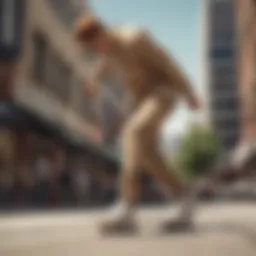 A stylish man wearing beige corduroy pants, skateboarding in an urban environment.