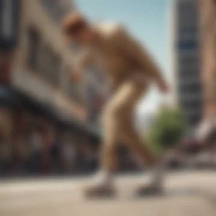 A stylish man wearing beige corduroy pants, skateboarding in an urban environment.