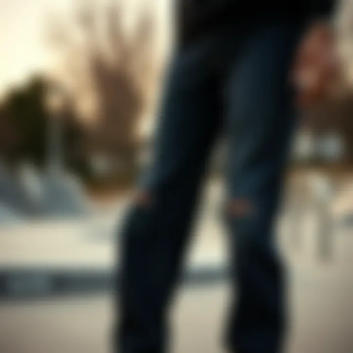 Stylish outfit featuring black denim in a skate park