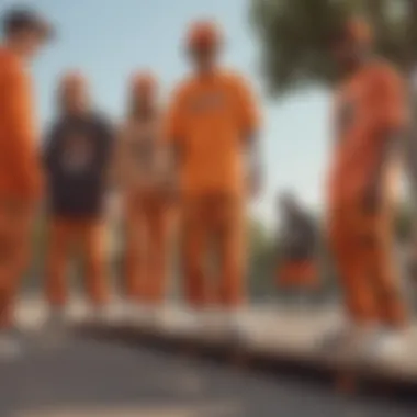 A group of skateboarders wearing orange camo pants, reflecting camaraderie and culture.