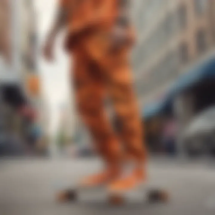 A skateboarder showcasing the vibrant appeal of orange camo pants in an urban environment.