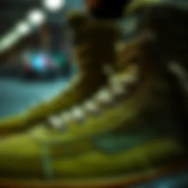 Close-up of high top olive green Vans highlighting texture and design