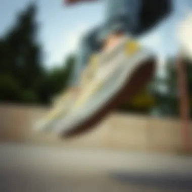 Skater performing a trick while wearing high top olive green Vans