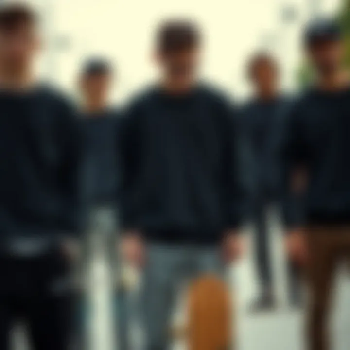 Group of skateboarders showcasing their black crew neck sweatshirts