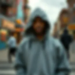 A stylish grey hoodie showcased against a vibrant urban backdrop