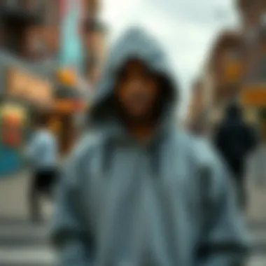 Urban Style and Grey Hoodies A stylish grey hoodie showcased against a vibrant urban backdrop