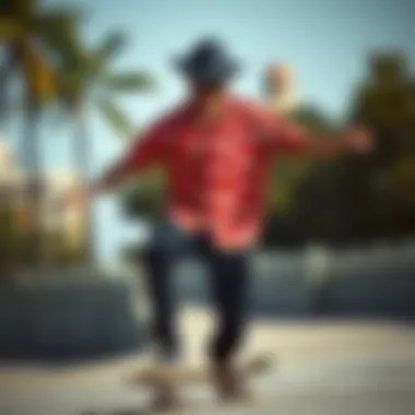 Mushroom button-up shirt featured in skateboarding scene