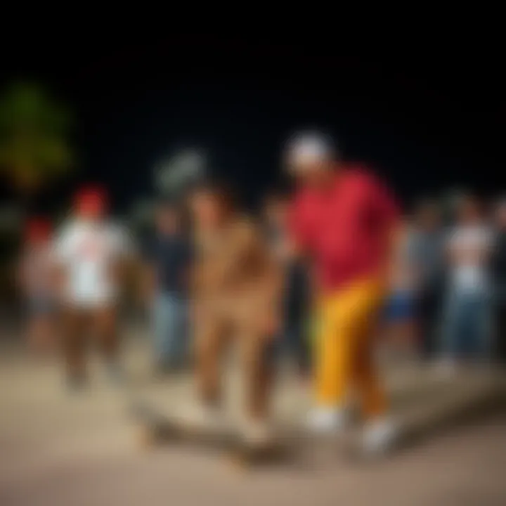 Group of skaters integrating tan Dickies into their lifestyle