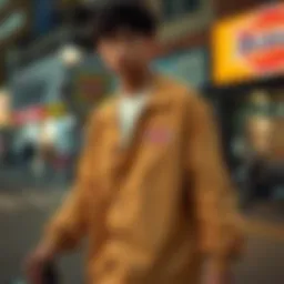 Stylish tan Dickies fit in urban skate environment