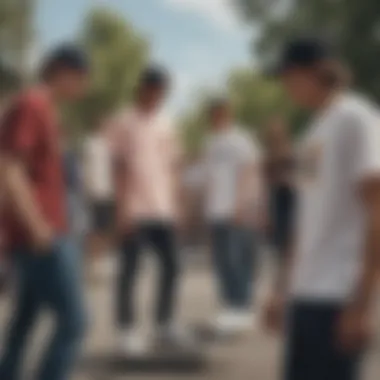 Community and Trends in Split Shirt Fashion A group of skaters discussing the latest trends in split shirt design