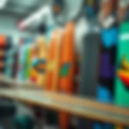 A vibrant collection of longboards displayed in a shop, showcasing various designs and colors.