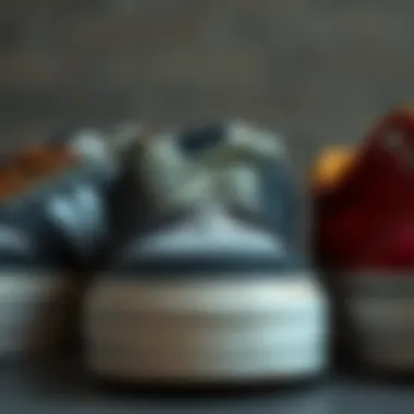 A close-up of platform shoes made from different materials showcasing texture