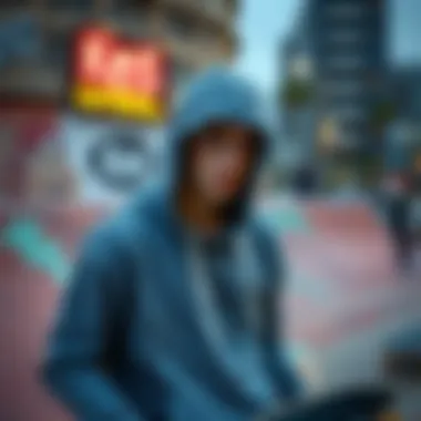 A skateboarder wearing a cozy hoodie in an urban skatepark environment